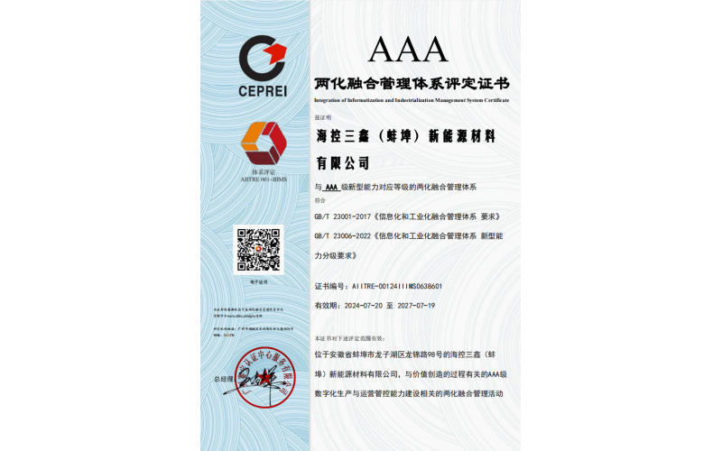 再获国家认证！海控三鑫荣获两化融合管理体系最高等级评定证书